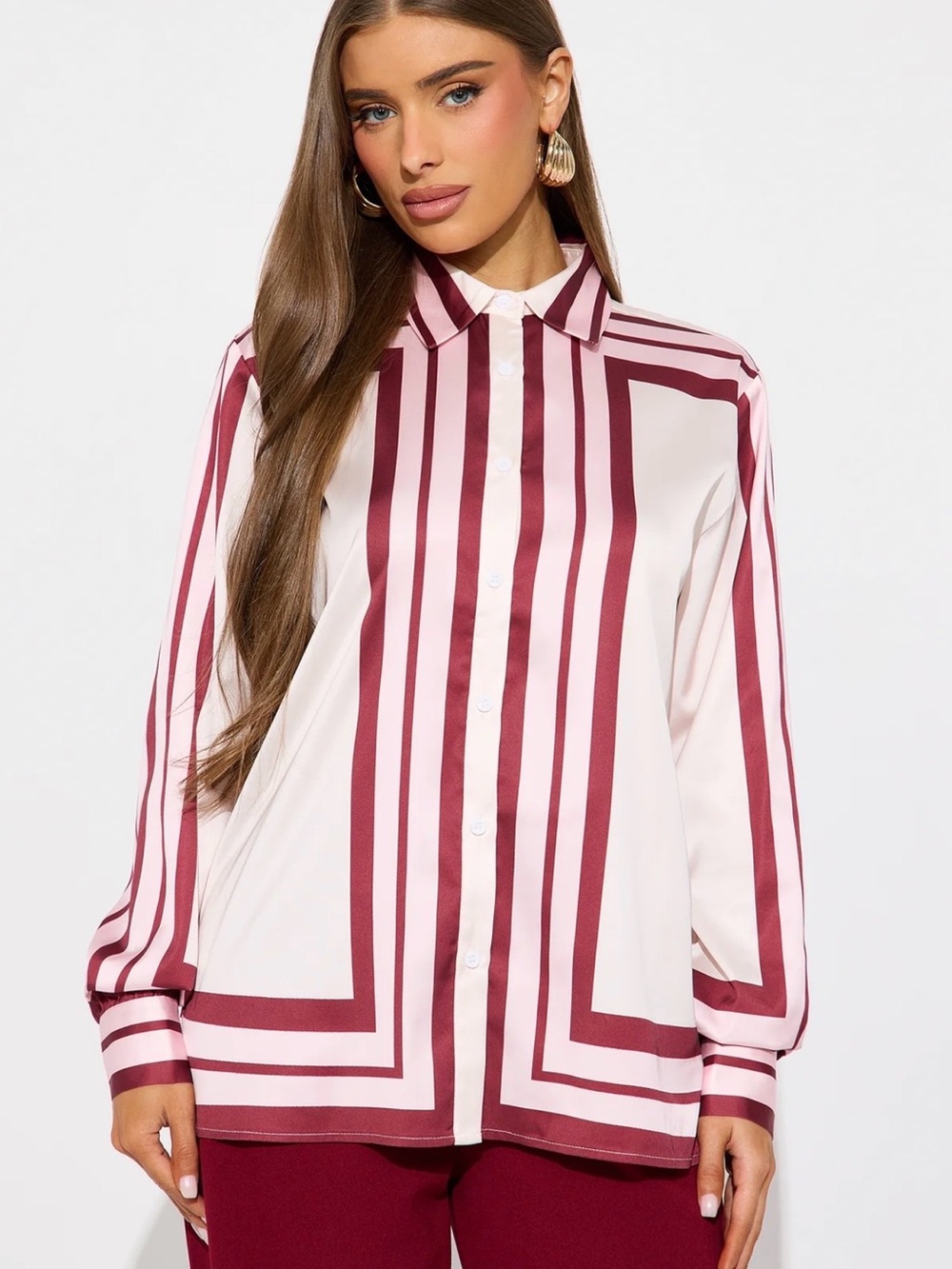 Fashion Nova White Button-Down Shirt with Wine Stripes
